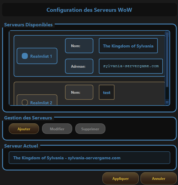 Changer de serveur du Sylvania Launcher